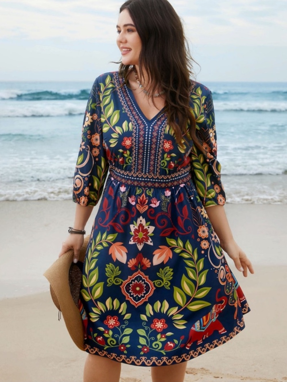 BloomChic Navy Multicolor Floral & Elephant Print Midi Dress - Picture 11 of 13